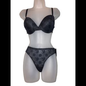 Youmita 36C Black Floral Lace Push-Up Bra & Large Seamless Floral Panty NWT